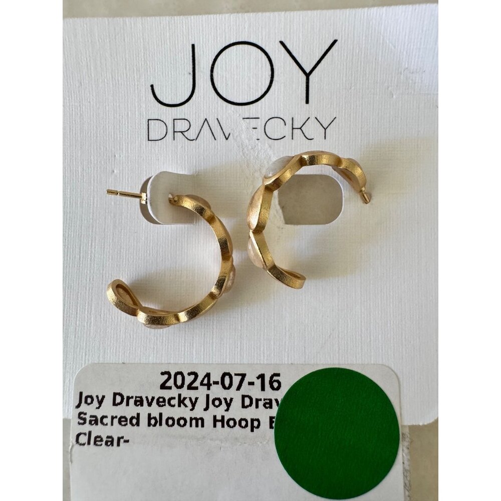 Joy Dravecky Sacred Bloom Hoop Earrings NWT Brushed Gold Clear Pearl Beads